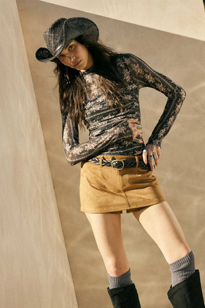 Floral-Print Mesh Ruched Mock-Neck Bodysuit