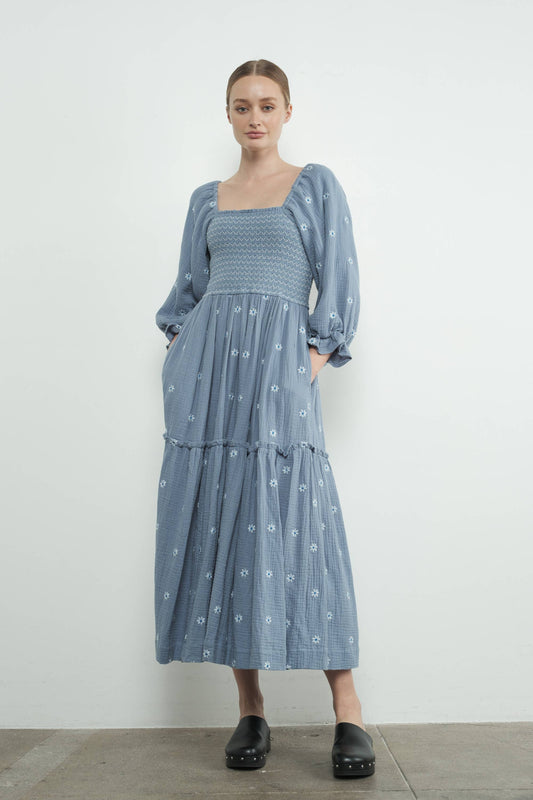FLOWER EMBROIDERY SMOCKED DRESS