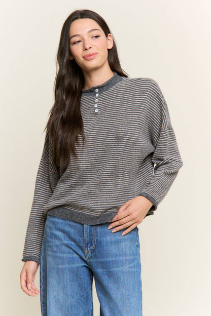 Striped Henley Knit Sweater