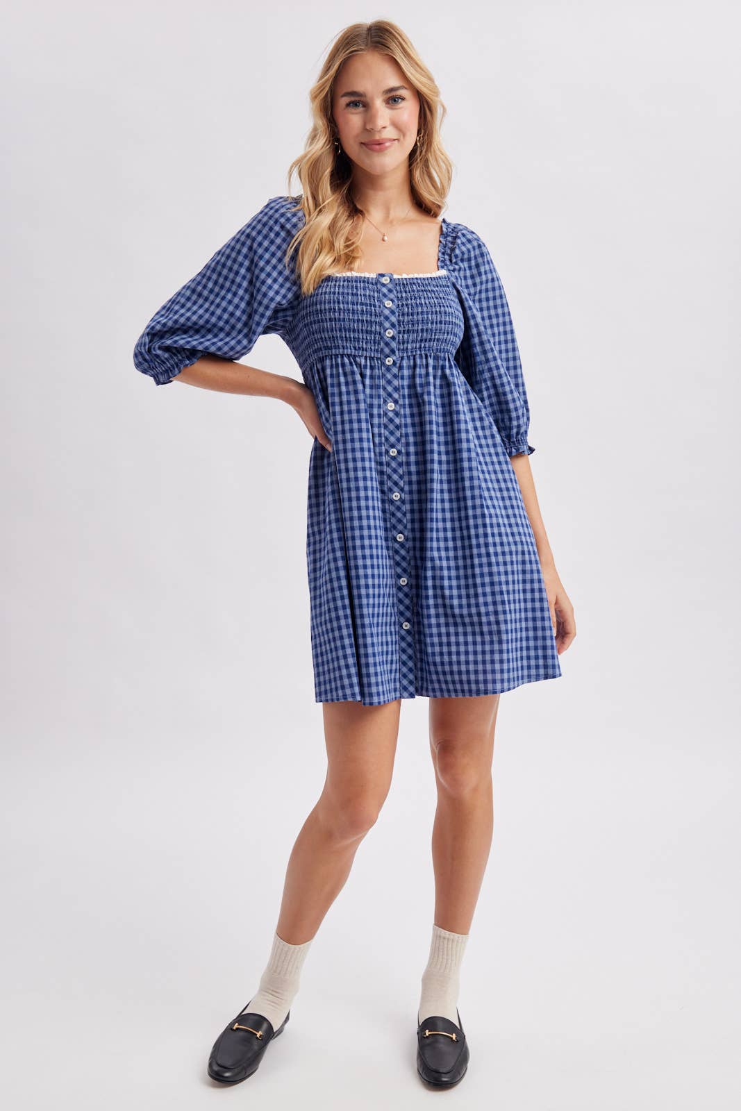 Gingham Smocked Babydoll Dress Blue