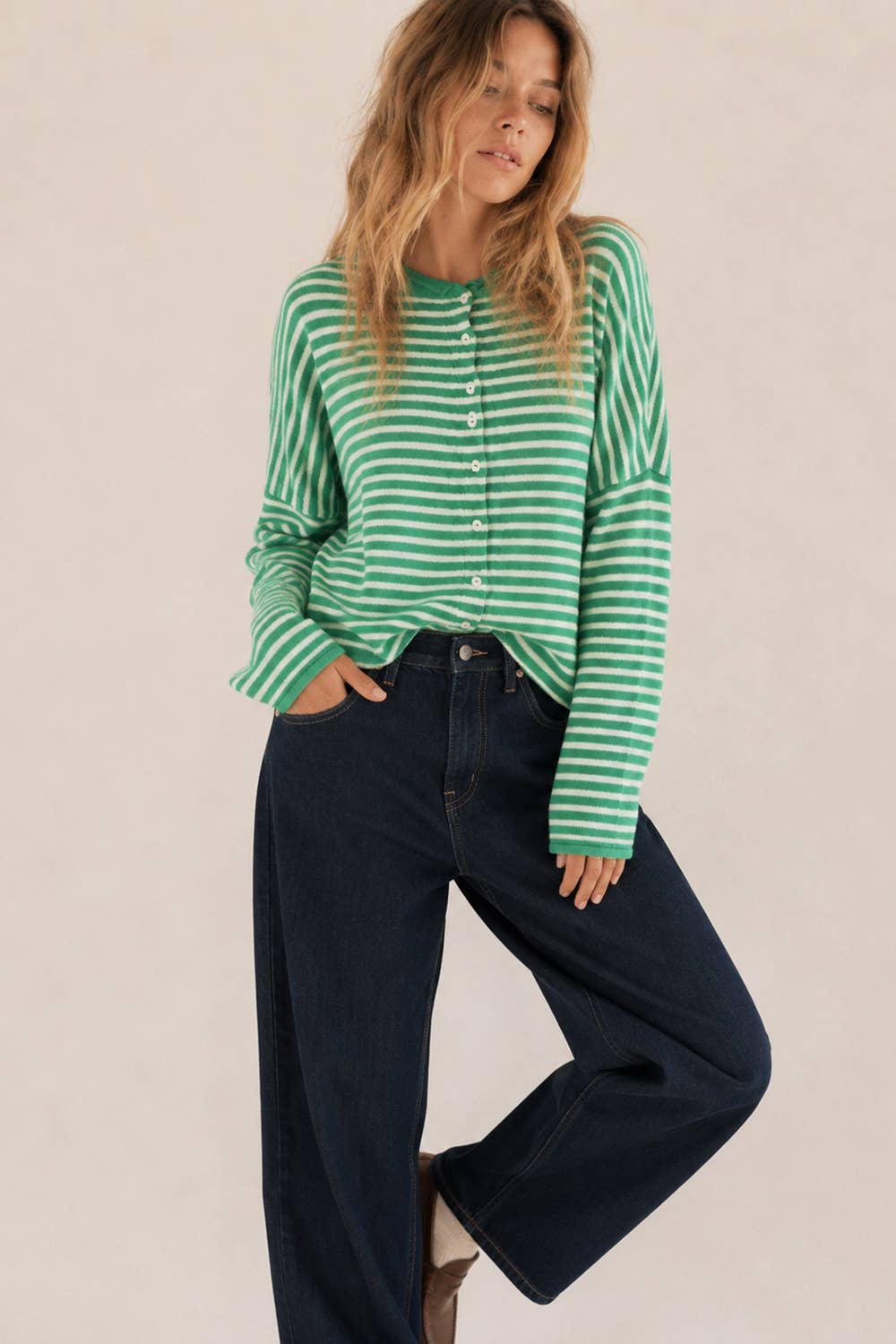 Soft Stripe Knit Sweater Cream + Brown