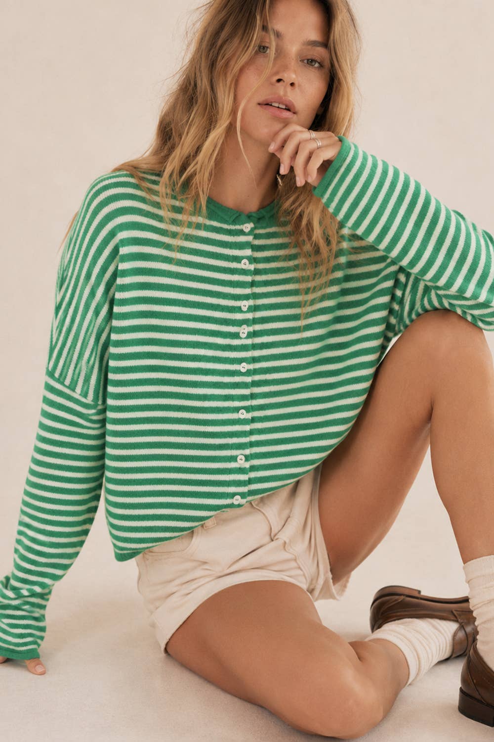 Soft Stripe Knit Sweater Cream + Brown