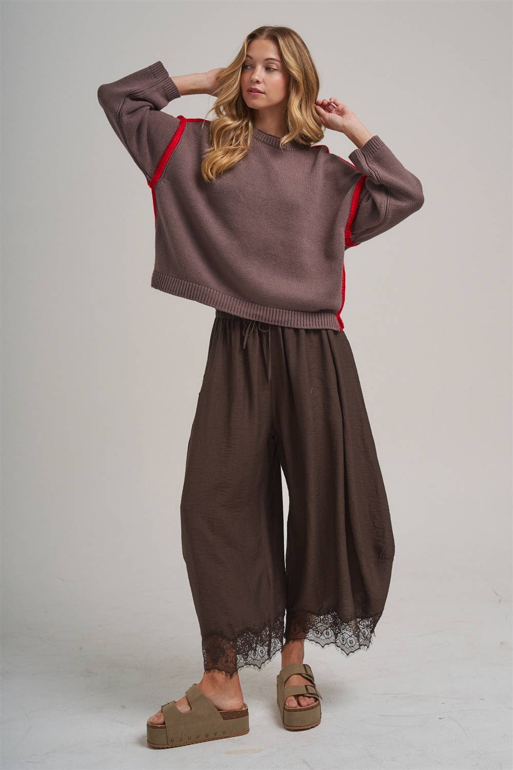 Balloon Satin Lace Pant Chocolate