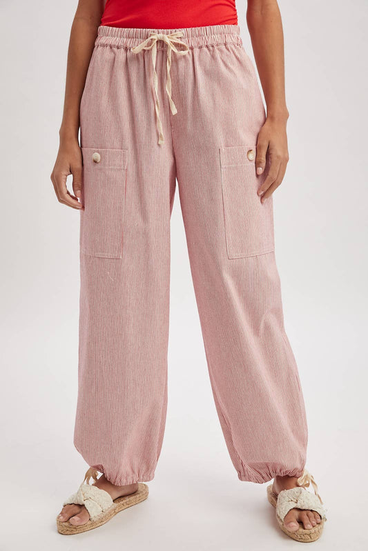 STRIPED CARGO TIE-HEM PANTS Red Combo