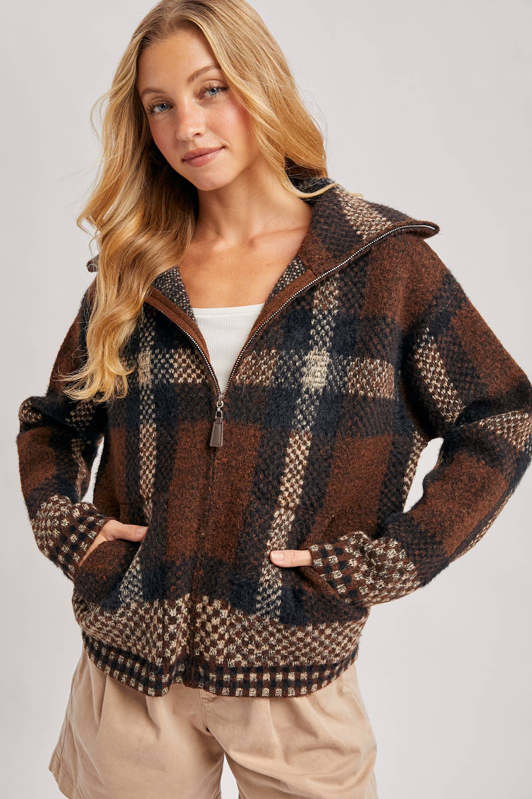 Plaid Wide Collar Zip Sweater