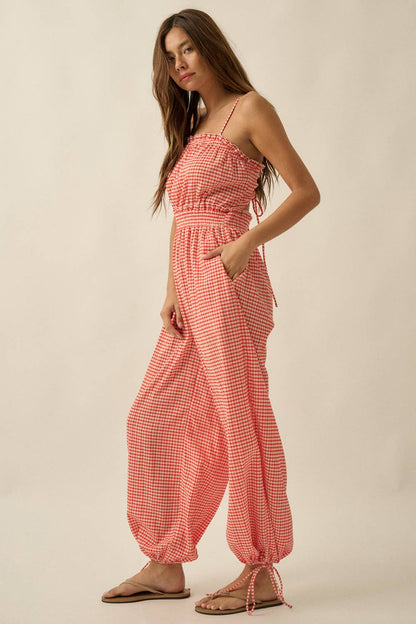 Gingham Plaid Open-Back Bubble-Leg Cami Jumpsuit