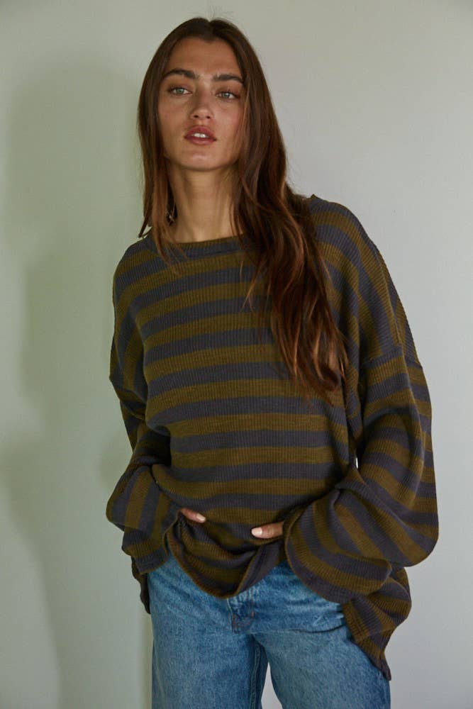 Knit Ribbed Striped Long Sleeve Pullover