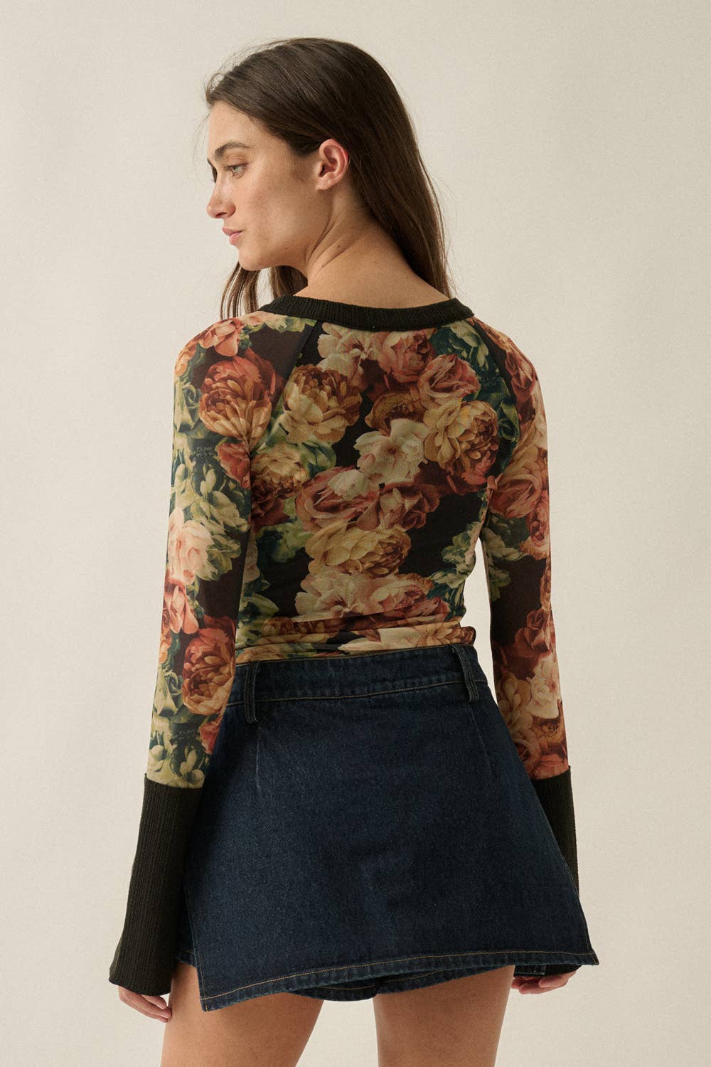 Floral Mesh Split-Cuff Top