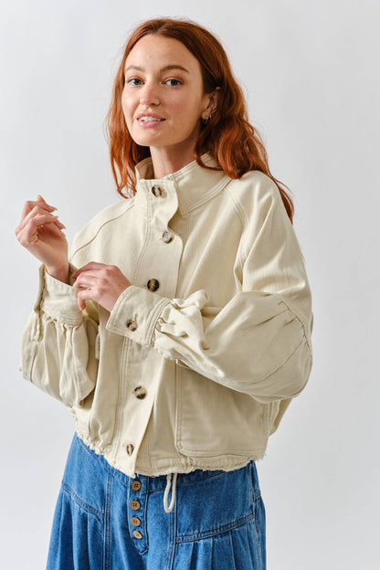 Balloon Sleeve Twill Jacket in Cream