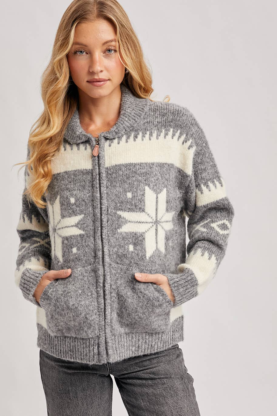 FAIR ISLE FUZZY KNIT FRONT ZIPPER CARDIGAN
