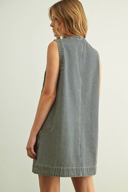 STRIPED BUTTON FRONT DENIM DRESS