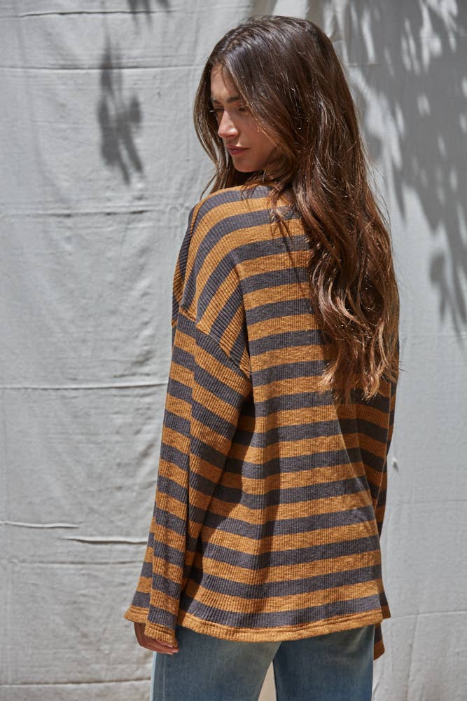 Knit Ribbed Striped Long Sleeve Pullover