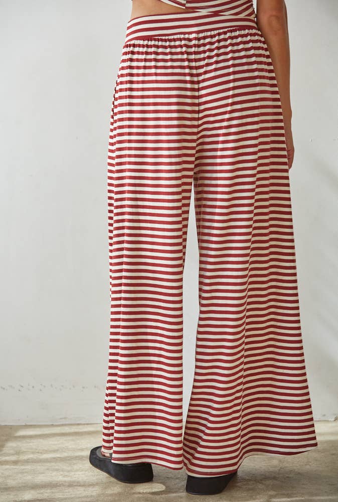 Knit Spandex Striped Wide Leg Pants Maroon+Cream (Set Option)