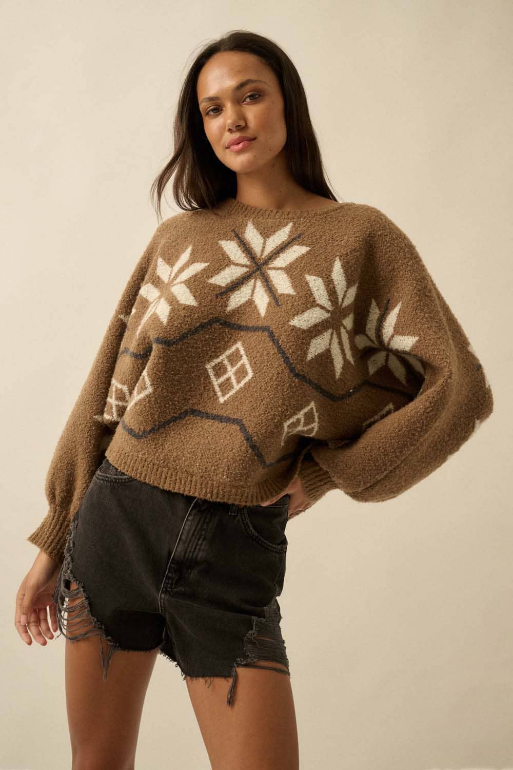 Textured Alipine-Knit Dolman Sweater