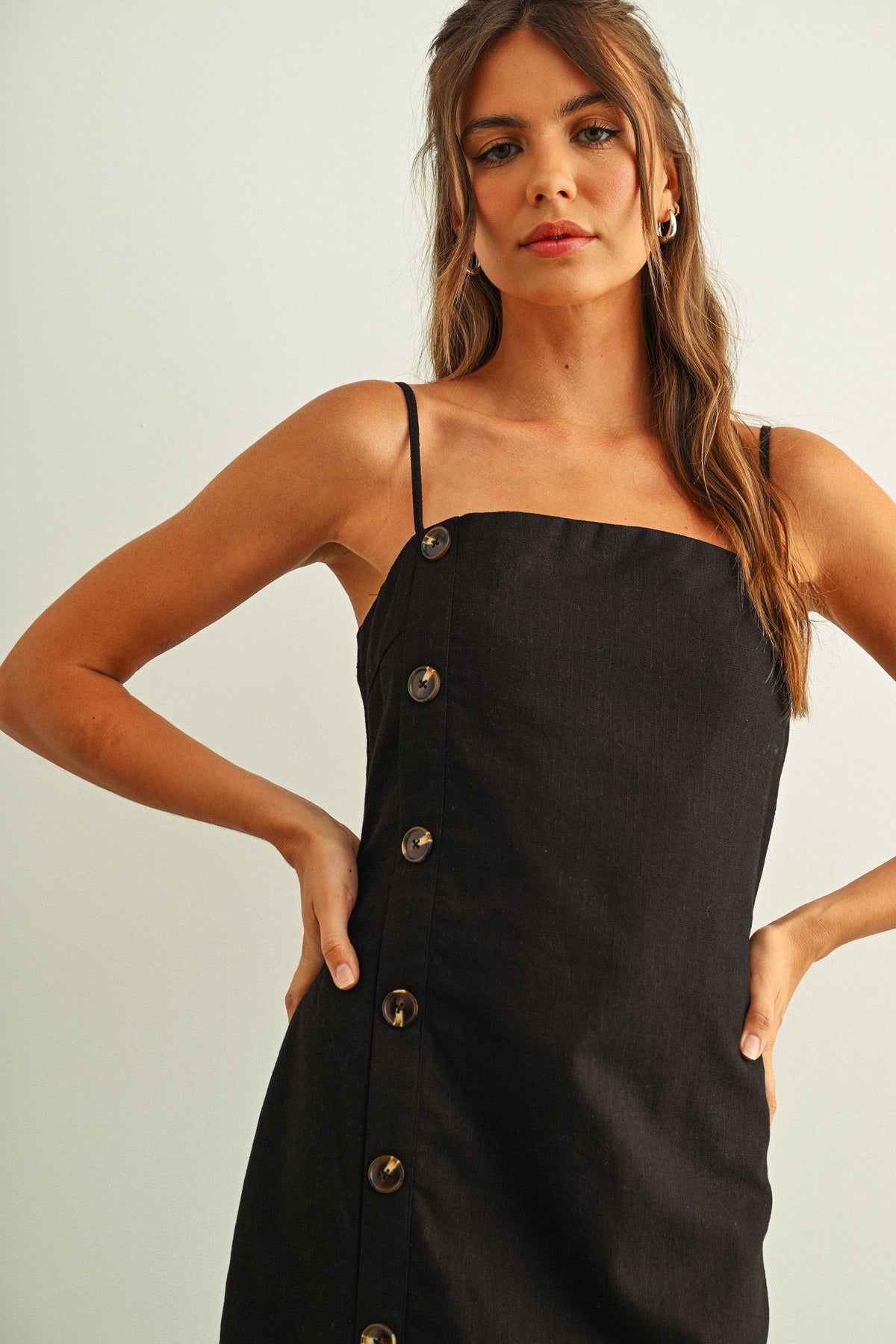 Button Detail Long Linen Dress in Black