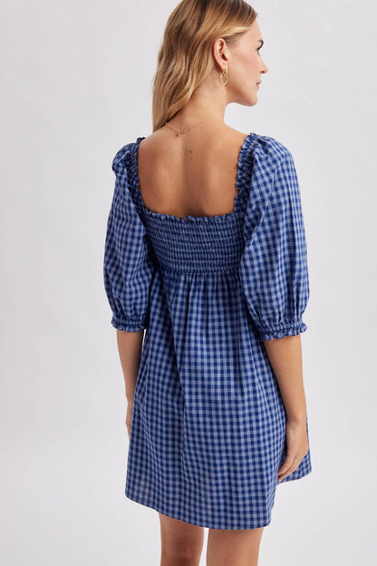 Gingham Smocked Babydoll Dress Blue