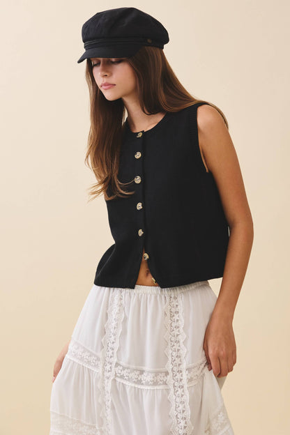 Button Front Knit Vest Top Black