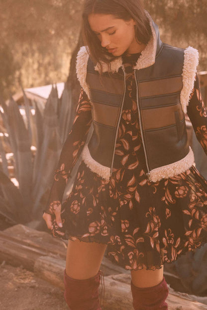 Floral Mesh Long-Sleeve Pleated Skater Mini Dress