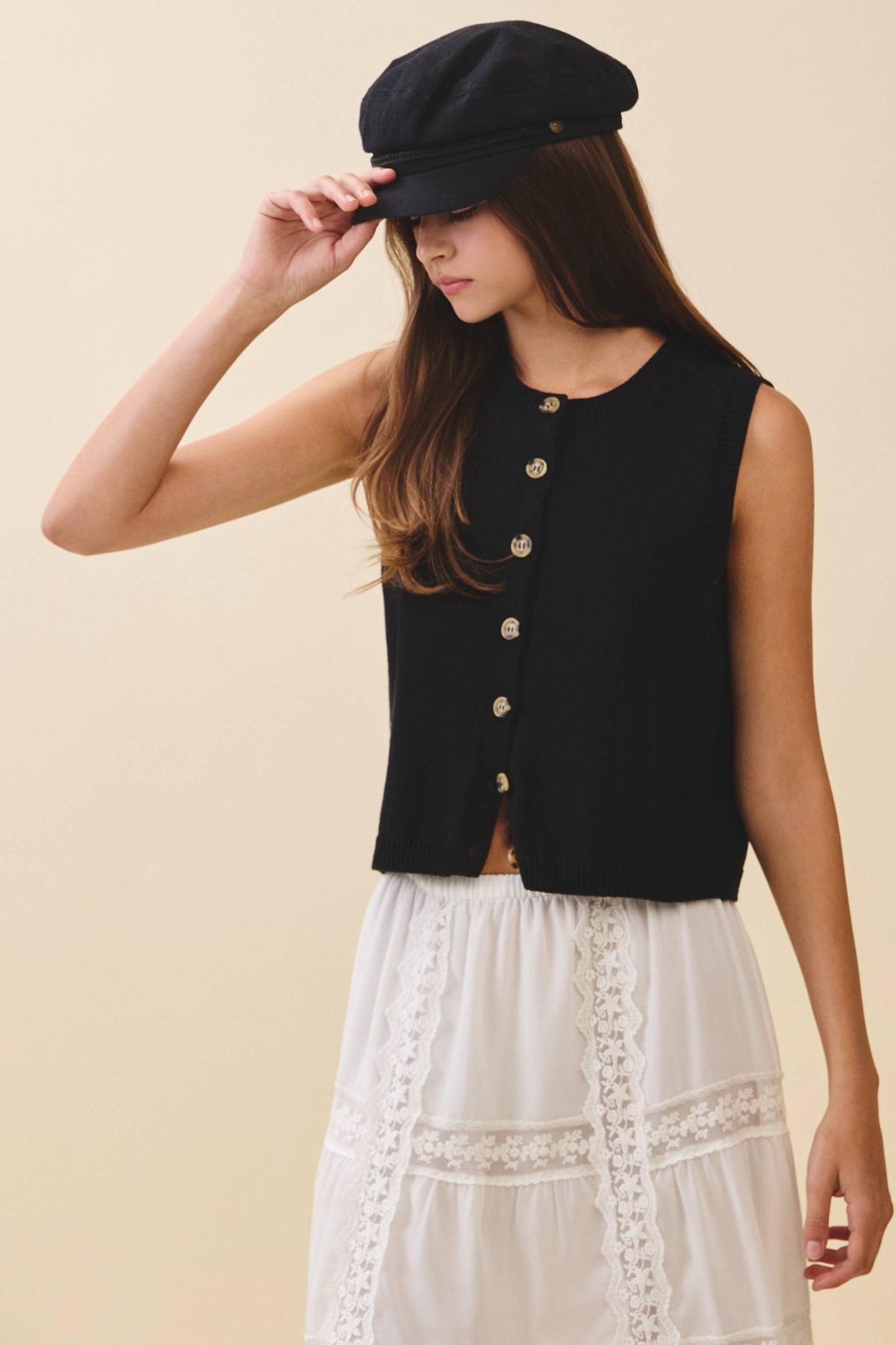 Button Front Knit Vest Top Black