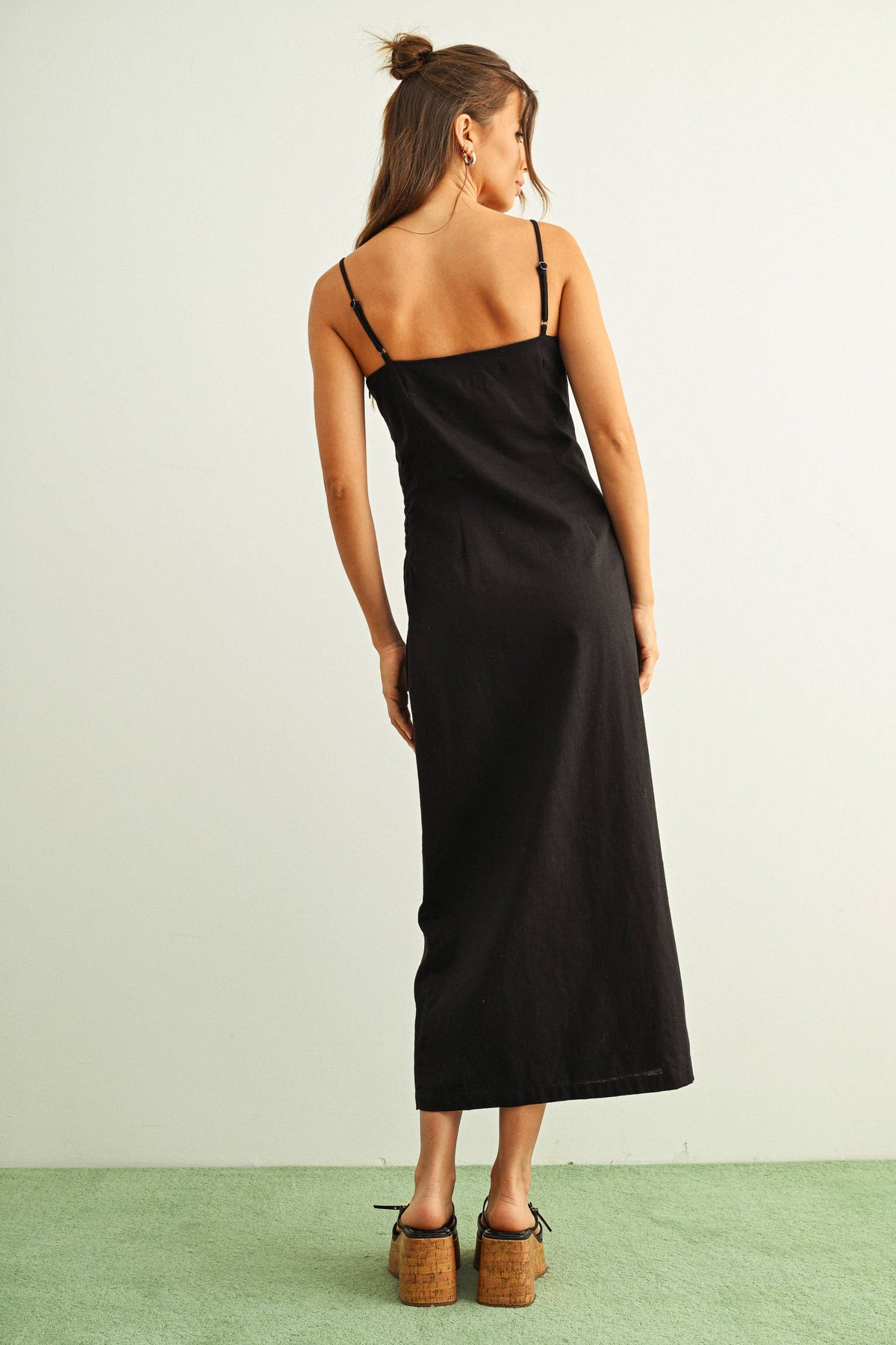 Button Detail Long Linen Dress in Black