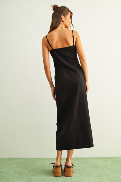Button Detail Long Linen Dress in Black