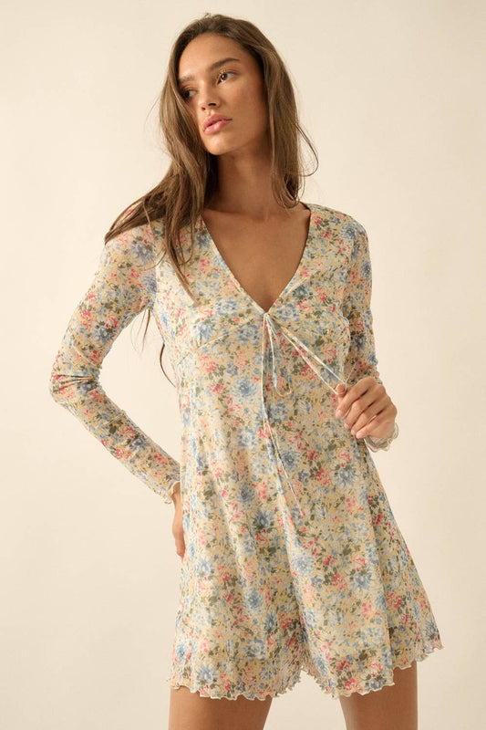 Floral-Print Mesh Babydoll Romper