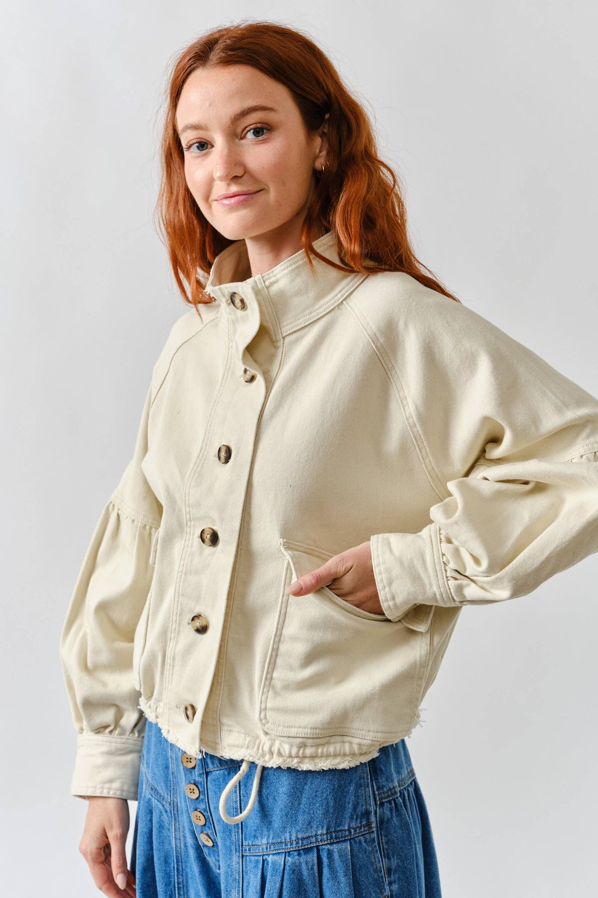 Balloon Sleeve Twill Jacket in Cream