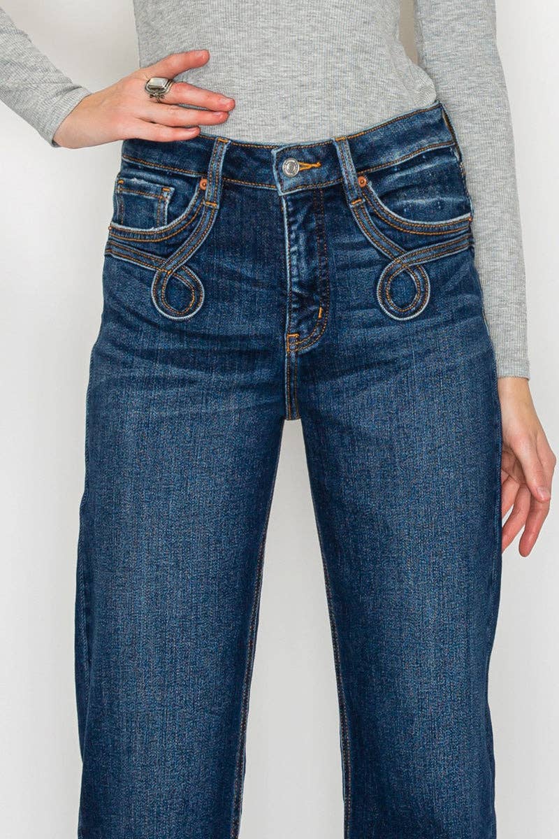 High Rise Straight   Western Detail Design Jeans
