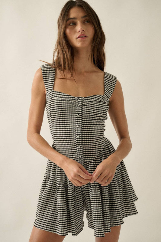 Gingham Sleeveless Fit-and-Flare Romper Black