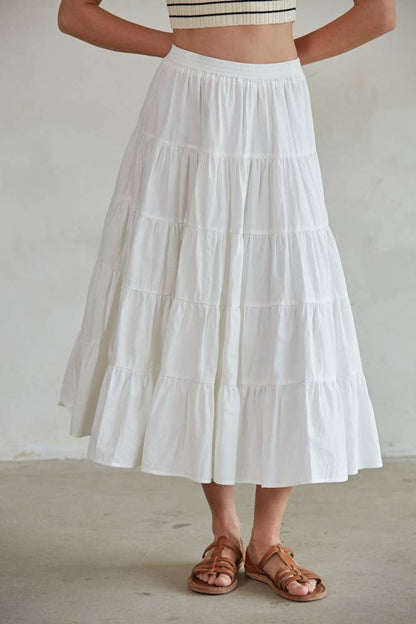Woven Cotton Flare Ruffled Midi Skirt