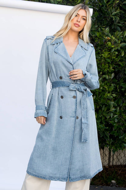 Denim Garment Washed Trench Coat