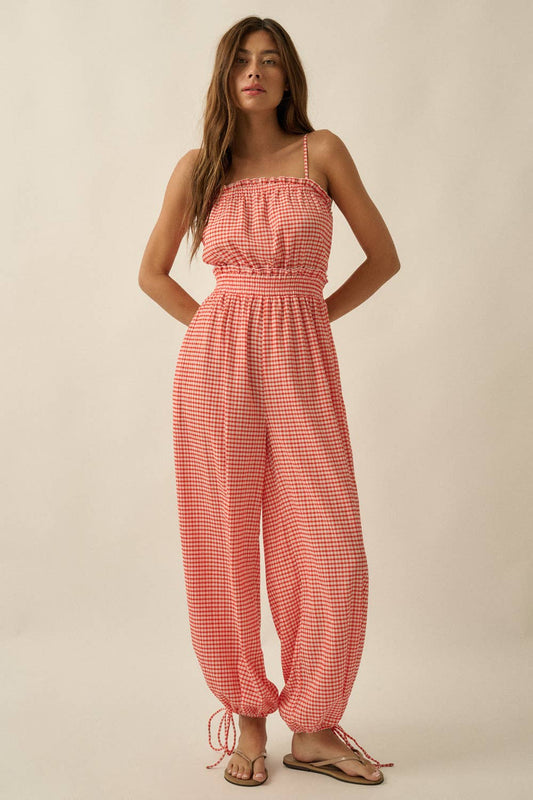 Gingham Plaid Open-Back Bubble-Leg Cami Jumpsuit