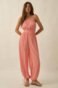 Gingham Plaid Open-Back Bubble-Leg Cami Jumpsuit