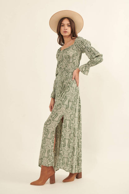 Paisley Square Neck Long Sleeve Maxi Dress
