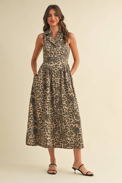 LEOPARD DENIM COLLAR FLARED MIDI DRESS