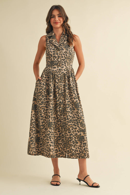 LEOPARD DENIM COLLAR FLARED MIDI DRESS