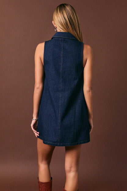 COLLARED SLEEVELESS BUTTON DOWN DENIM DRESS