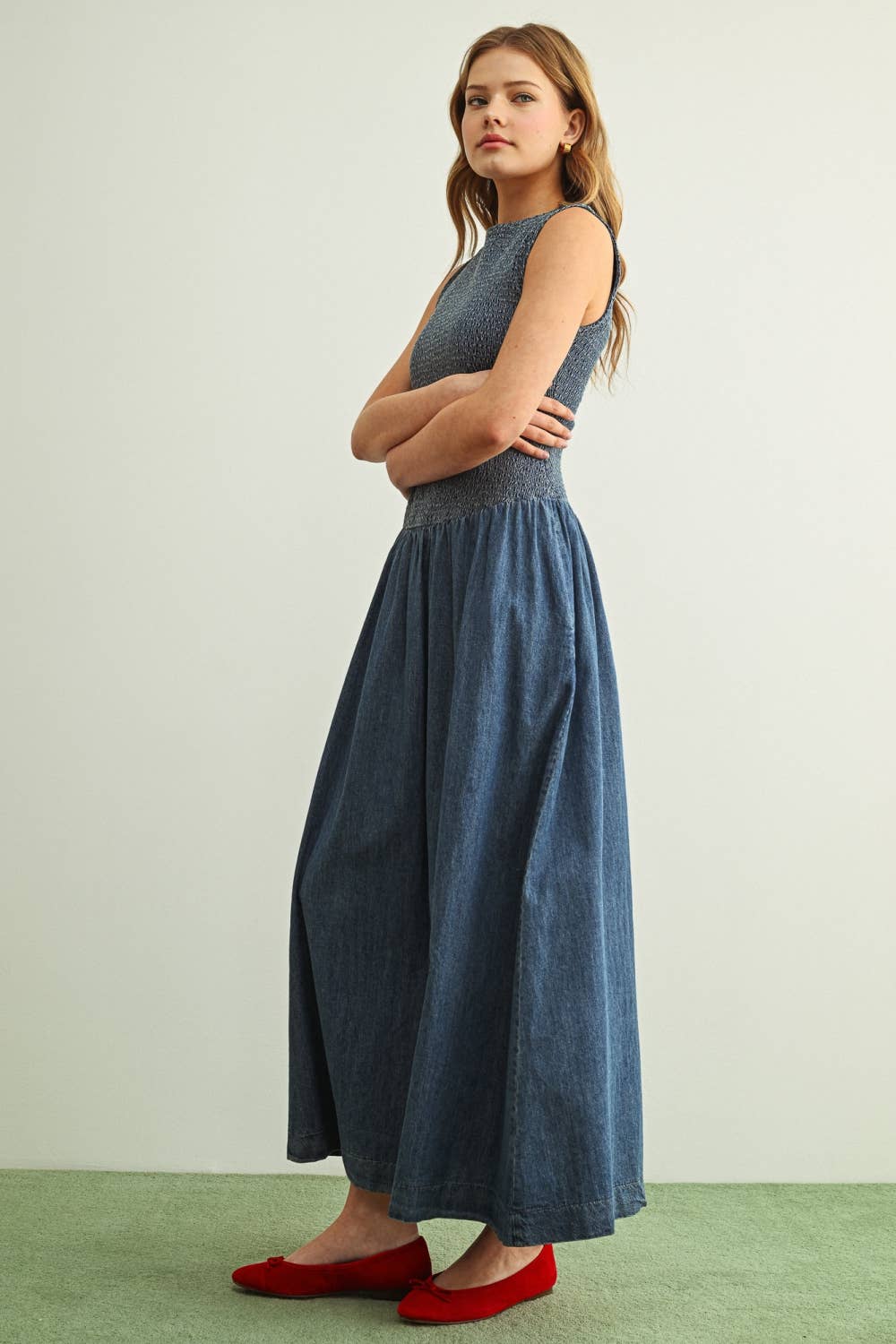 SMOCKED TOP DENIM LONG DRESS