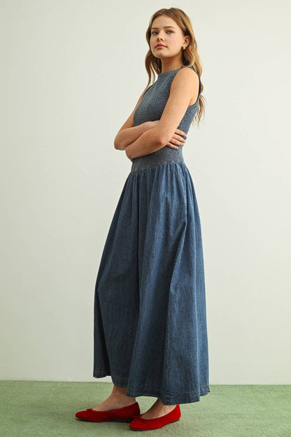 SMOCKED TOP DENIM LONG DRESS