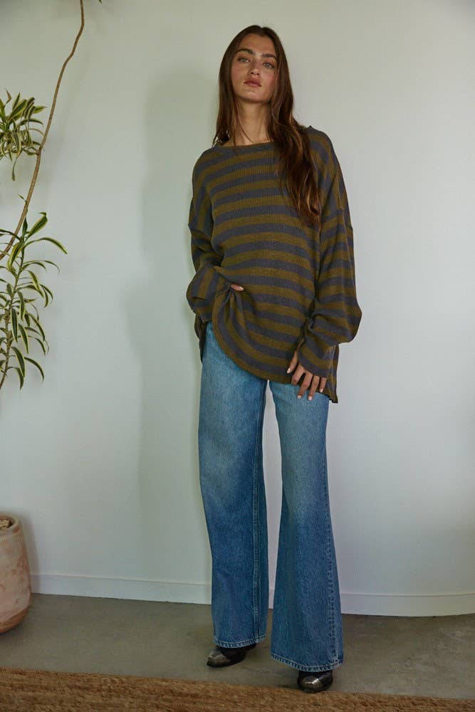 Knit Ribbed Striped Long Sleeve Pullover