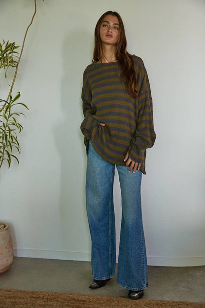 Knit Ribbed Striped Long Sleeve Pullover