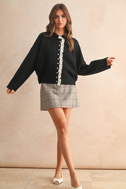 FRONT LACE TRIM KNITTED CARDI