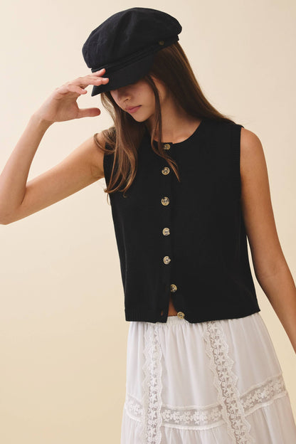 Button Front Knit Vest Top Black