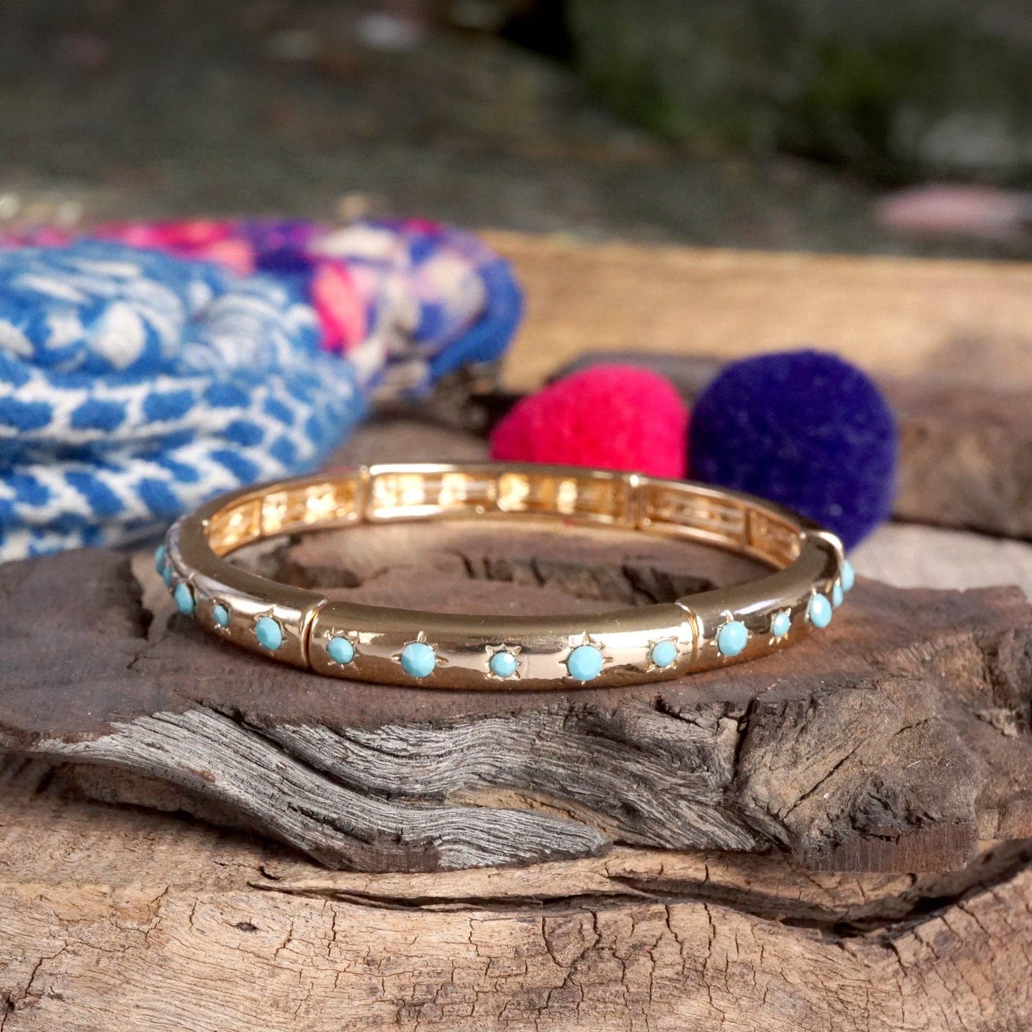 Gold Eternity Stretch Bangle Turquoise