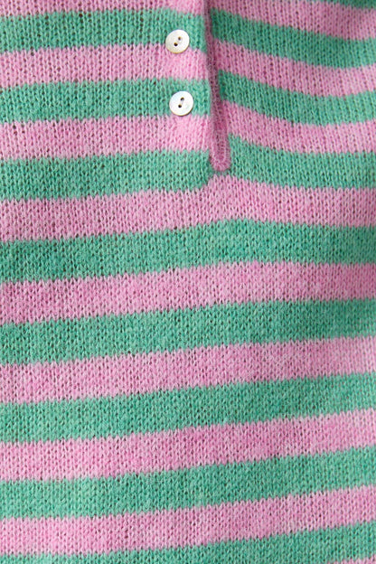 LONG SLEEVE ROLLED HEMLINE DETAIL STRIPE HALF BUTTON SWEATER