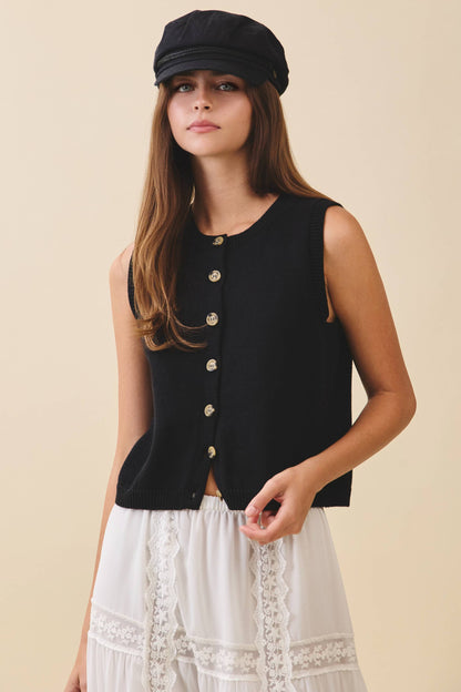 Button Front Knit Vest Top Black