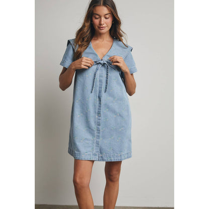 FLORAL PETER PAN COLLARED DENIM MINI DRESS