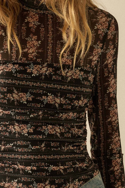 Floral-Print Mesh Ruched Mock-Neck Bodysuit