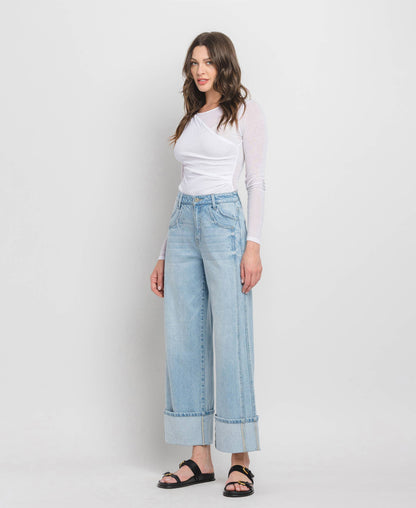 HIGH RISE CUFF BAGGY WIDE JEANS