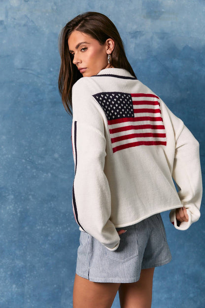LONG SLEEVE COLLARED "USA FLAG" OVERSIZED SWEATER JACKET